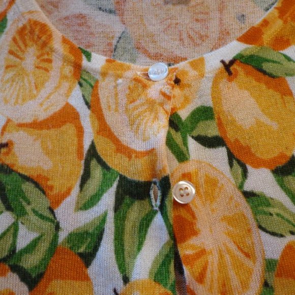 NWOT Garnet Hill Signature Merino Cardigan S Oranges Print Button Down - Picture 4 of 9
